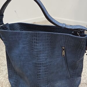 Kadie Ashman Women Blue Croc Embossed Leather Hobo Shoulder Bag Tote Large Blue